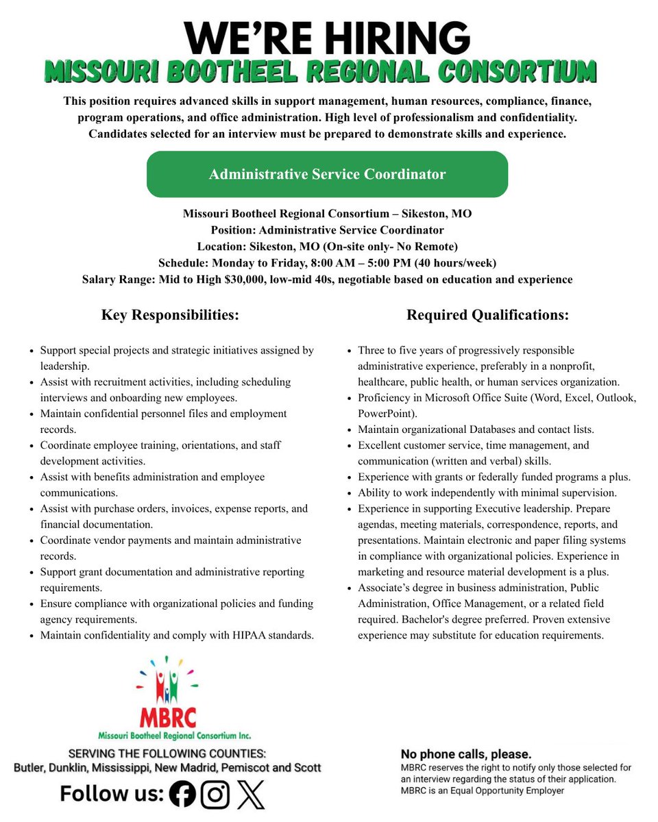 MBRC_INC's tweet photo. We are hiring! Check out and share the flyer below! 

Join an organization committed to strong financial stewardship and community impact across Butler, Dunklin, Mississippi, New Madrid, Pemiscot, and Scott counties.

Please no phone calls https://t.co/G7mtJ31TLT