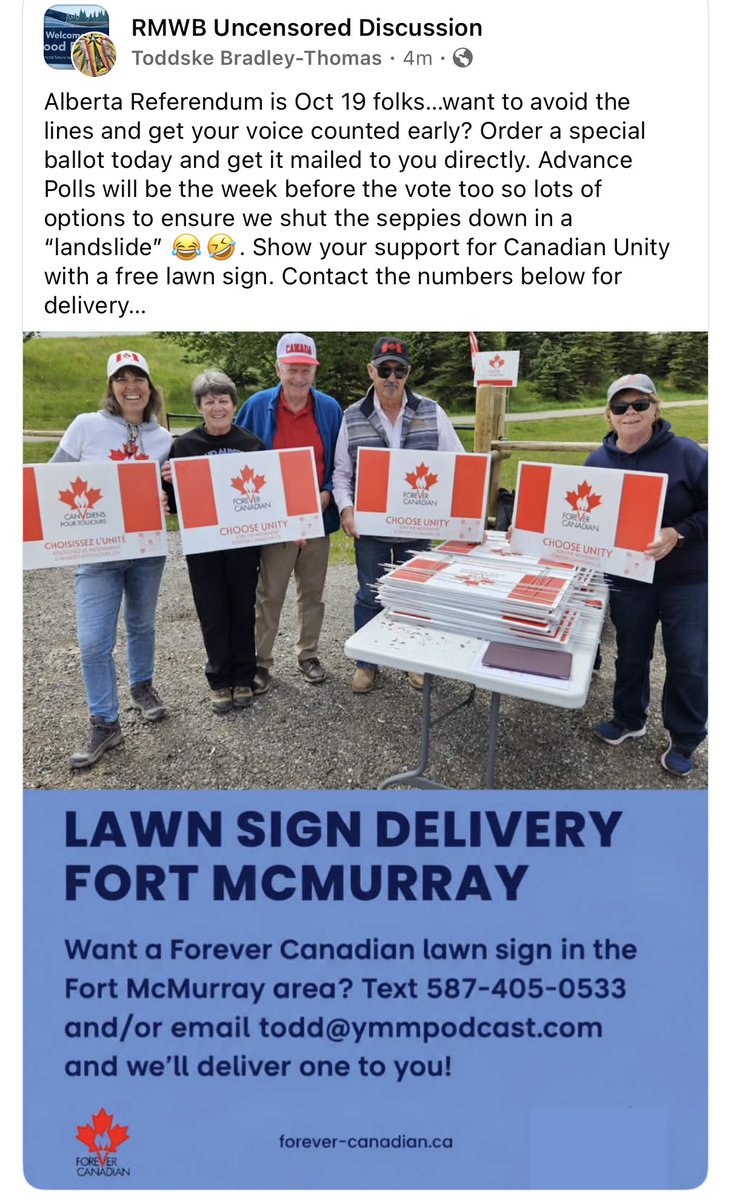 Toddske's tweet photo. Lots of options to be heard in the upcoming Alberta Referendum vote. Anyone can get a special ballot via mail to avoid the lines all together…then we have Advanced Polls and of course Voting Day which will be crazy. Grab a sign to show support for UNITY! #ableg #abpoli #ymm https://t.co/9X5cnM5YwE