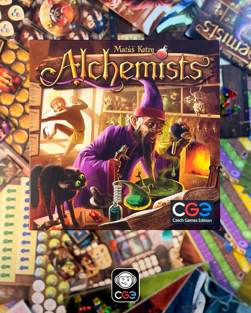 czechgames's tweet photo. ⚗️ The choices you make will prove whether you are the world's greatest alchemist.

🧪 Perform experiments, demonstrate your knowledge, further your research, or earn grants.

Alchemists 
Style: Strategy Game 
Number of players: 2–4 
Length: 120 min 
Designer: Matúš Kotry #CGE https://t.co/NoeGyV630g