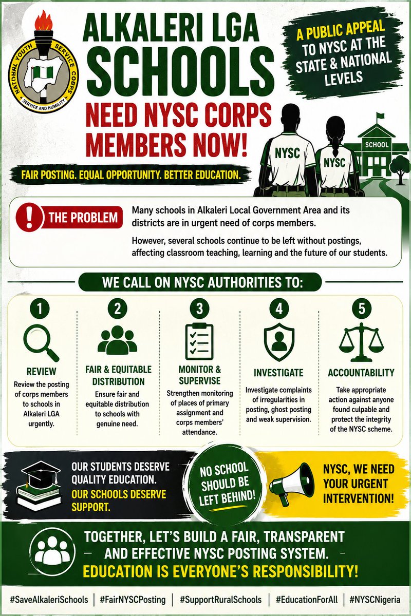 Xeeyer's tweet photo. SAVE EDU IN ALKALERI LGA

Despite the urgent need for CM in our skuls, several skuls hv continued to remain without NYSC posting
Our skuls need support
We call for urgent intervention in  edu
#SaveAlkaleriSchools
#FairNYSCPosting
#SupportRuralSchools
#EducationForAll
#NYSCNigeria https://t.co/RZprlPJA5h