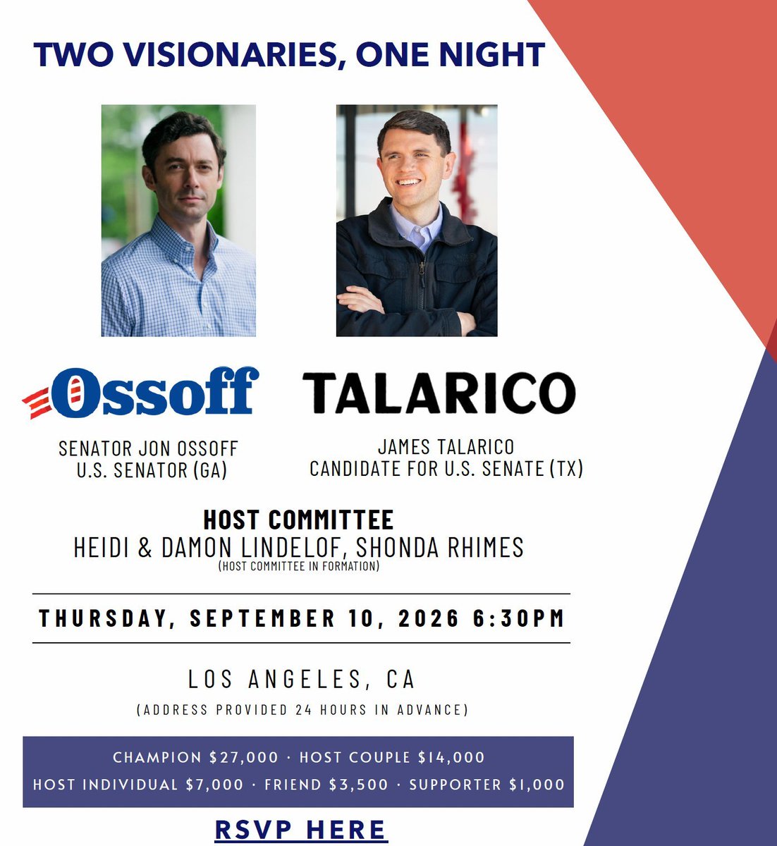 TeamOverhaulGA's tweet photo. 🚨 Jon Ossoff and James 'God is Non-binary' Talarico are hosting a joint fundraiser with Hollywood elites in Los Angeles next week.

Ossoff stopped caring about Georgia a long time ago. His biggest concern is raising money in California because he thinks he's destined to be President.

Vote for Mike Collins if you want a Senator who will actually represents Georgia values.