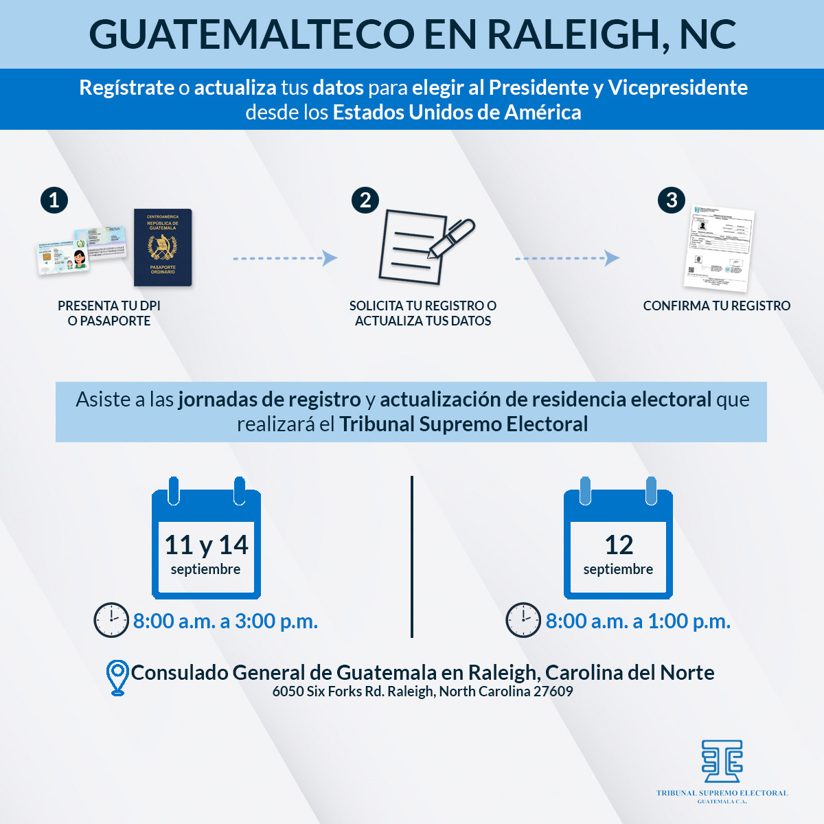 TSEGuatemala's tweet photo. Guatemalteco en Carolina del Norte, el #TSEGuatemala está cerca de ti para que puedas participar en los próximos procesos electorales desde los Estados Unidos de América.

El Tribunal habilitó una jornada de registro y actualización de datos en el Consulado General de Guatemala en Raleigh.

📍 6050 Six Forks Rd., Raleigh, North Carolina 27609

Viernes 11 y lunes 14 de septiembre, de 8:00 a 15:00 horas.
Sábado 12 de septiembre, de 8:00 a 13:00 horas.

Trámite gratuito y personal. Comparte con tus familiares y amigos guatemaltecos en Estados Unidos.