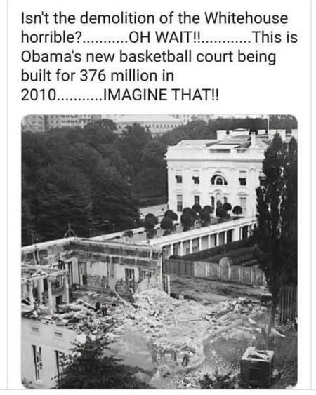 RockyMtMama1's tweet photo. Yup no outrage when Obama built a basketball court "for fun" but it's a crime that Trump is building a ballroom with added security. Dems make me sick https://t.co/363yKXwIwB