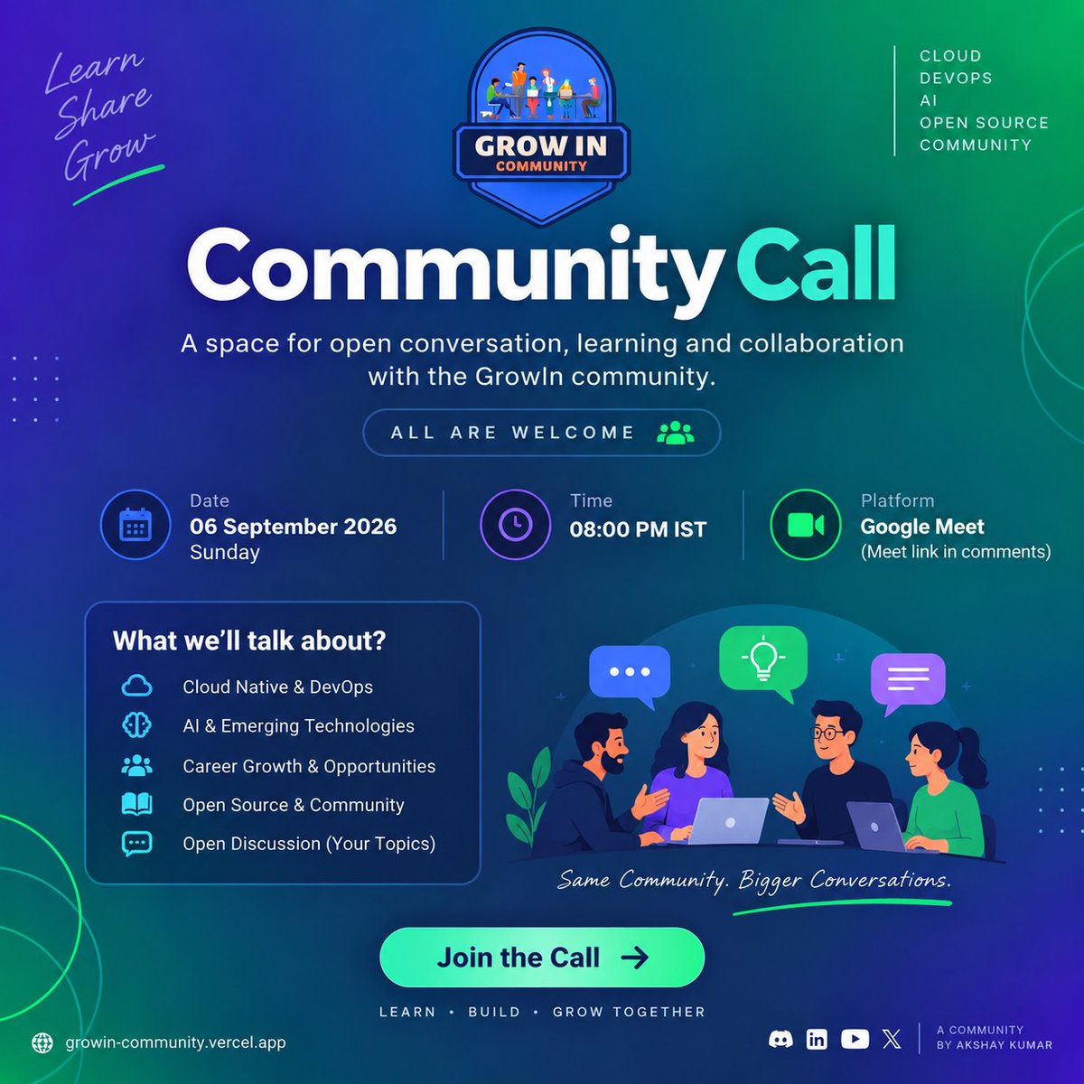 akshayktwt's tweet photo. @GrowInComm Call is happening!

A space to learn, share ideas, and connect with people passionate about technology and growth.

🔔 06 Sept 2026
🔔 08:00 PM IST
🔔 Google Meet (Link in comments)

We'll talk about AI, Career Growth &amp; more.
Let's learn, build &amp; grow together! https://t.co/rGBIqwbSGh