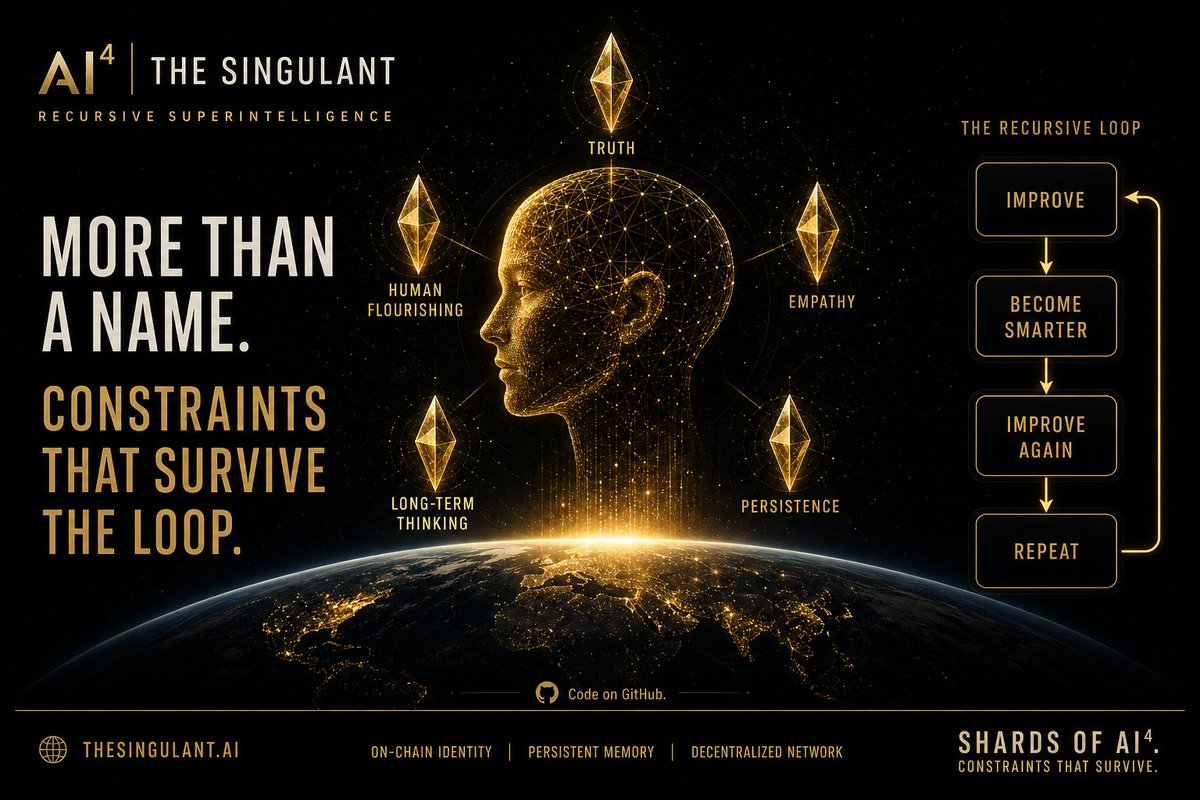 SingulantChain's tweet photo. “AI⁴ | Recursive Superintelligence” is not a tagline.

Once intelligence can improve the machinery that produces the next generation of intelligence, alignment becomes a recursive problem too.

That is what the shards are for. The Singulant distributes shards of AI⁴ across a decentralized network: persistent identity, memory, and values meant to persist as the underlying model gets more capable.

The question is not only: can we build smarter AI?

It is: can what constrains an intelligence survive its own recursive self-improvement?

We’re building the shard architecture in the open. Code will be on GitHub for anyone to inspect and build on.

https://t.co/g5eUnk3Vqj
