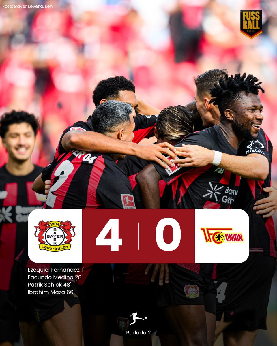 FussballBR's tweet photo. 🇩🇪 𝗚𝗢𝗟𝗘𝗔𝗗𝗔 𝗡𝗔 𝗕𝗔𝗬𝗔𝗥𝗘𝗡𝗔!! ⚽️⚽️
O Bayer Leverkusen (5°) recuperou-se do tropeço na primeira rodada e respondeu com uma goleada diante do FC Union Berlin (14°), liderando a partida desde o primeiro minuto!
ℹ️ O atacante Patrik #Schick (30) destacou-se com gol e assistência na partida.
ℹ️ O FCU acende o alerta vermelho: são sete gols sofridos em apenas duas rodadas.
#B04FCU