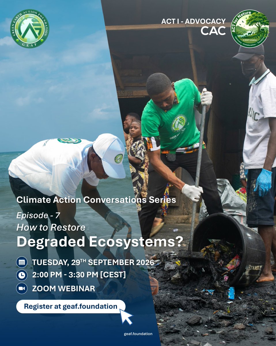 geaffoundation's tweet photo. ACT I of ACT For Nature begins, with a timely conversation on ecosystem restoration and protection. We welcome all to Episode 7 of Climate Action Conversations Series (CACs) - How to Restore Degraded Ecosystems? The episode marks ACT I for Advocacy. Register Now to secure your spot - https://t.co/8vKskRkEM0

#Advocacy #ACTForNature #GEAF #GreenEarthActionFoundation #EcosystemsProtection #GEAFAmbassador #EnvironmentLeadership