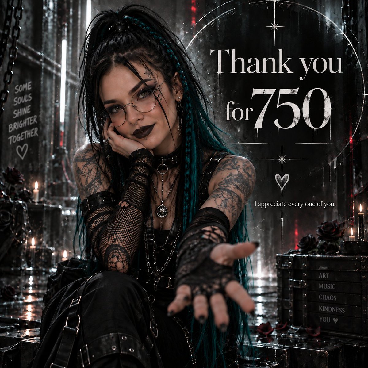 KimyK_Artworx's tweet photo. I guess this is the part where I thank every single one of you for getting me to 750… and blame you for it too.

You followed, stayed, shared the art, listened to the music, encouraged the chaos, and gave me reasons to keep creating.

So thank you. Seriously. I appreciate every one of you.

And yes, you absolutely enabled this. 😂🖤

Now look what you’ve done.