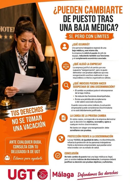 ugtmalaga's tweet photo. *✔️Pueden cambiarte de puesto tras una baja médica? Desde UGT Málaga te lo explicamos* https://t.co/345NQg4qKh