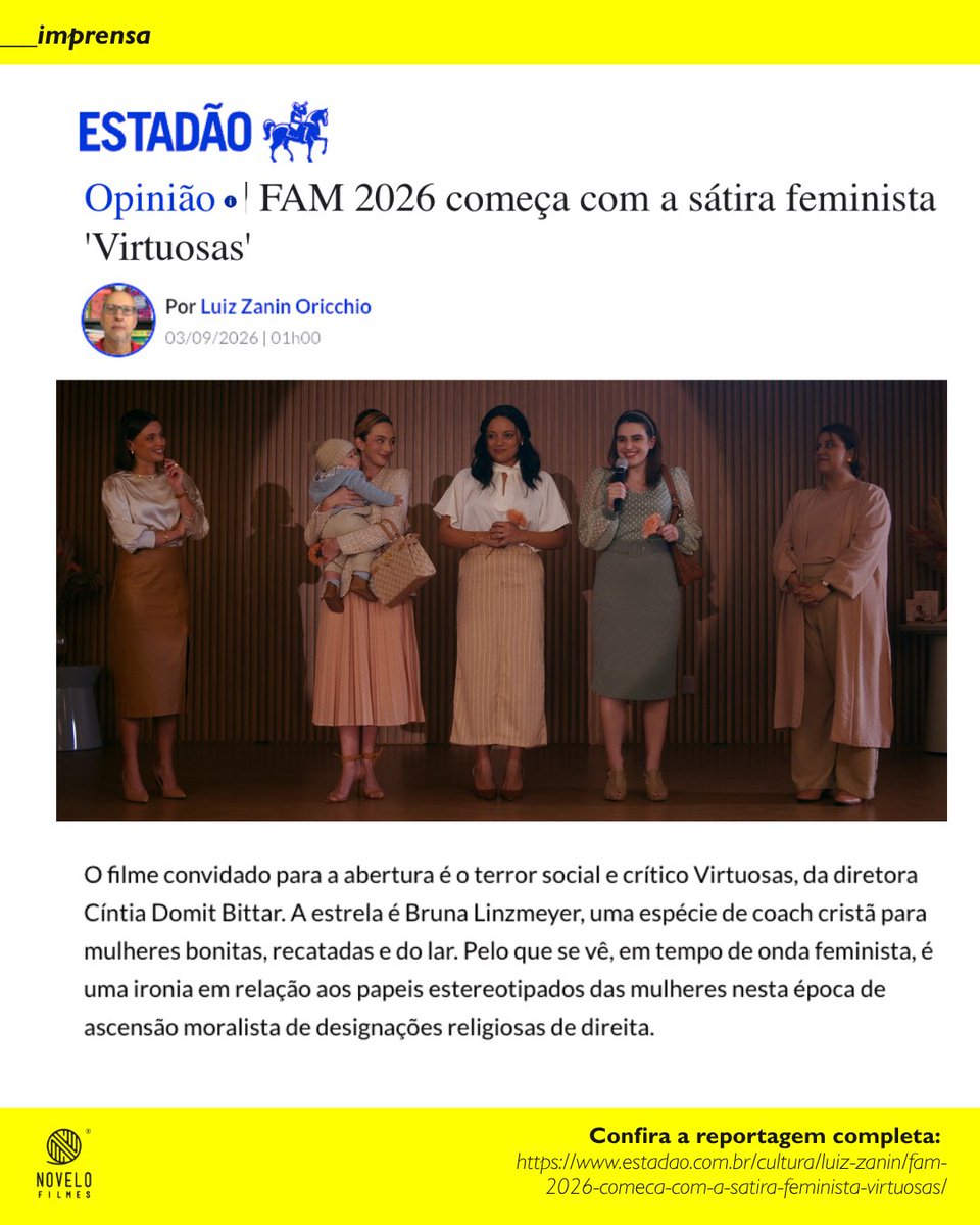novelofilmes's tweet photo. Filme #Virtuosas e FAM no Estadão! 

A crítica de abertura do 30º FAM destaca como o nosso longa-metragem usa a linguagem do terror social para refletir sobre temas urgentes do Brasil contemporâneo.

Virtuosas, 24 de setembro, somente nos cinemas. https://t.co/mBU6RRHgSw