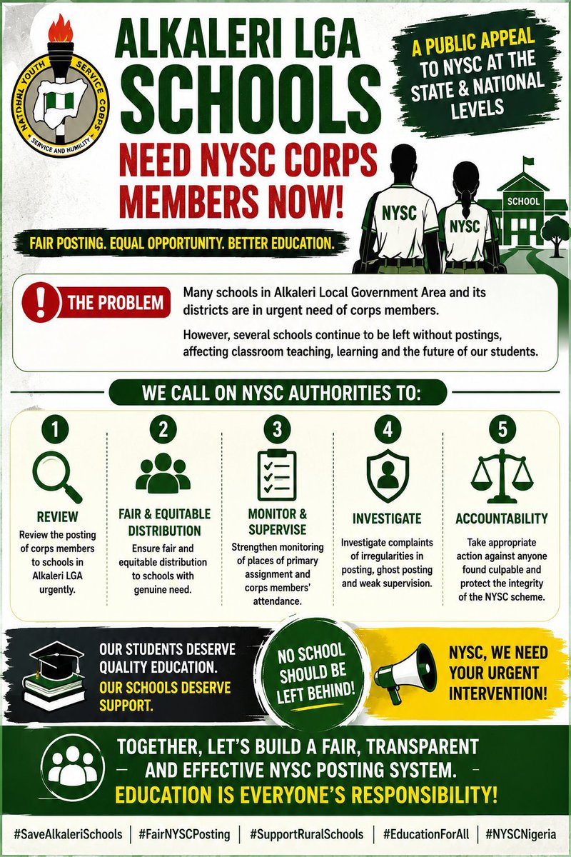 Xeeyer's tweet photo. Every Child deserves to be educated!!! I
Let every corp member serve or review Ur scheme 🧏🧏
#SaveAlkaleriSchools
#FairNYSCPosting
#SupportRuralSchools
#EducationForAll
#NYSCNigeria https://t.co/u3usexBKTw