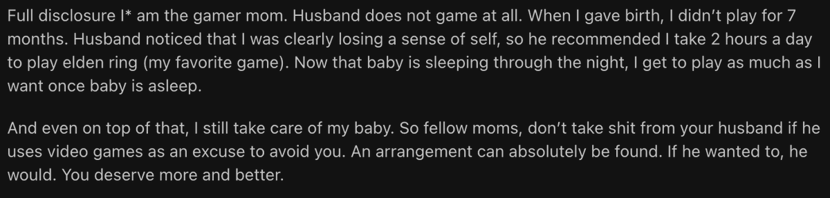 oreosoreos1027's tweet photo. i posted this on a secret mom venting subreddit, and i think it's sad most women think husband playing video games is a valid excuse to be an absent father https://t.co/kTgEMQ9t8O