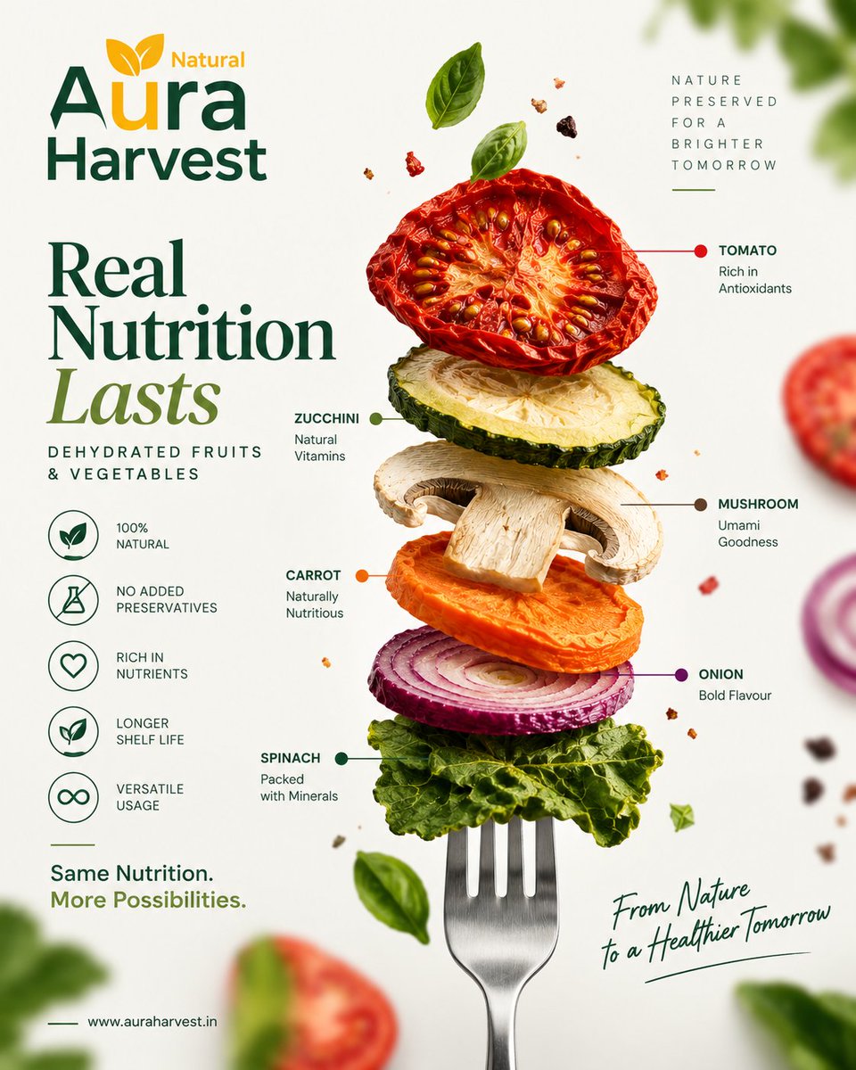 auraharvest7's tweet photo. 🌿 Nature, preserved. Goodness, lasting.
Dehydrated fruits &amp; vegetables by Aura Harvest — natural, nutritious, and versatile. 🍅🥕🥬

#AuraHarvest #DehydratedFoods #NaturalGoodness #HealthyLiving https://t.co/7znbShQwYb