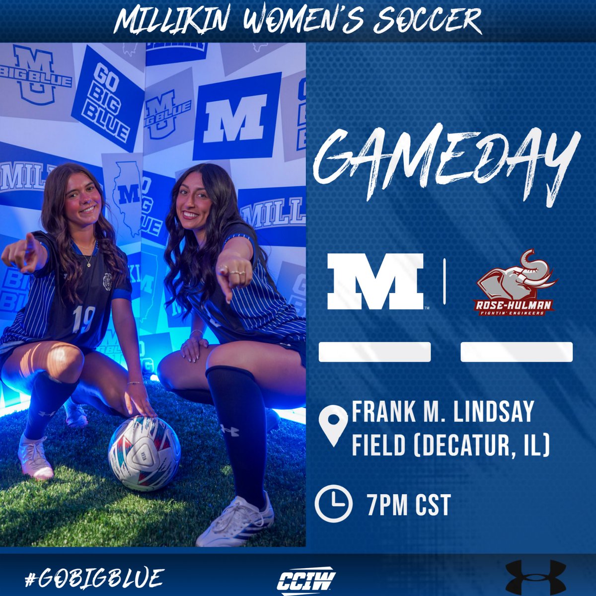 MillikinWSoccer's tweet photo. 🚨It’s Gameday🚨 
First Home Game of the Season!
Come out and support your Big Blue athletes Ⓜ️⚽️

🗓️: 9/5/26
🆚: Rose-Hulman 
⏱️: 7:00 pm
📍: Frank M. Lindsay Field (Decatur,IL)
🎥 : https://t.co/uIbIkaZe9k https://t.co/iIvU6q2QcQ