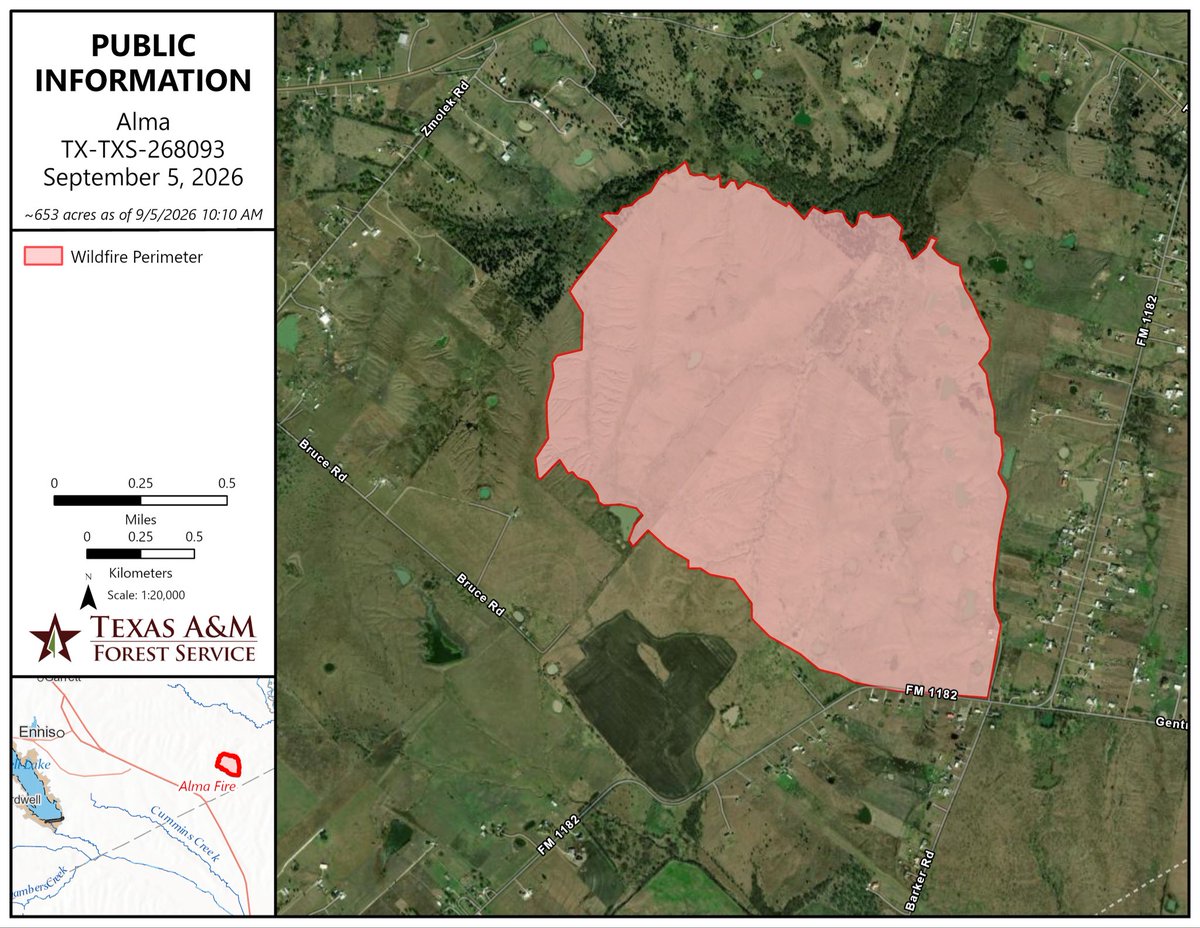 AllHazardsTFS's tweet photo. Information map of the #AlmaFire in Ellis County showing an estimated 653 acres as of Sept. 5, 2026. #txfire https://t.co/TEUjUCCbeD