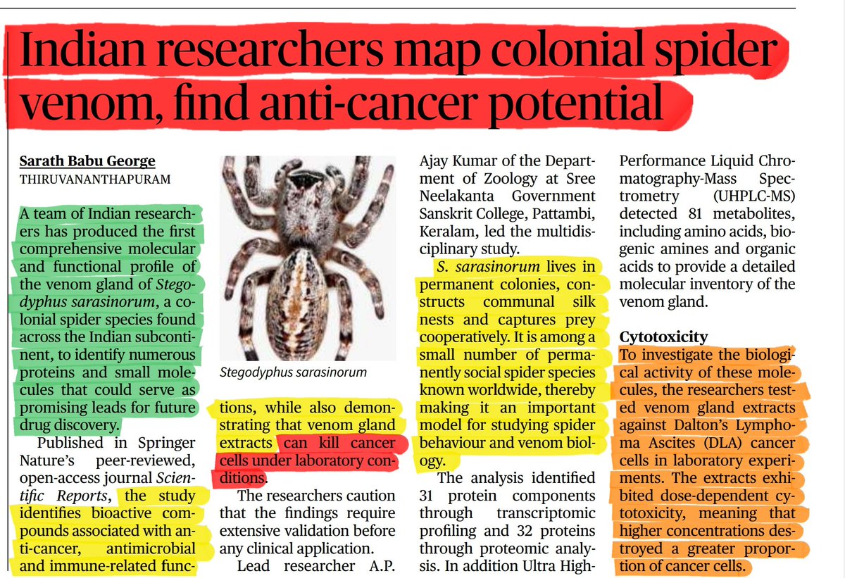 jagmohanmehta's tweet photo. Researchers has produced the first comprehensive molecular and functional profile of the venom gland of Stegodyphus Sarasinorum.

It finds that venom gland extracts can kill cancer cells.

🔴 Cytotoxicity means the ability of a substance to damage or kill cells.

Researchers tested the venom extract on Dalton’s Lymphoma Ascites (DLA) cancer cells.

The extract showed dose-dependent cytotoxicity.

This means as the concentration (dose) of venom extract increased, a greater proportion of cancer cells were destroyed.

🔴 Stegodyphus sarasinorum is a colonial/social spider native to the Indian subcontinent.

It is commonly referred to as the Indian cooperative spider or Indian social spider.

It occurs across the Indian subcontinent, particularly in semi-arid regions of central and southern India.

It lives in permanent colonies, constructs communal silk nests and captures prey cooperatively.

The colony composition of Stegodyphus sarasinorum is dominated by females.

It is one of the few permanently social spider species known globally.

Sexual dimorphism is present: males are smaller than females and are generally darker in colour.

🔴 Read The Hindu Article

#Spider #UPSC #UPSC2027 #UPSCPrelims2027