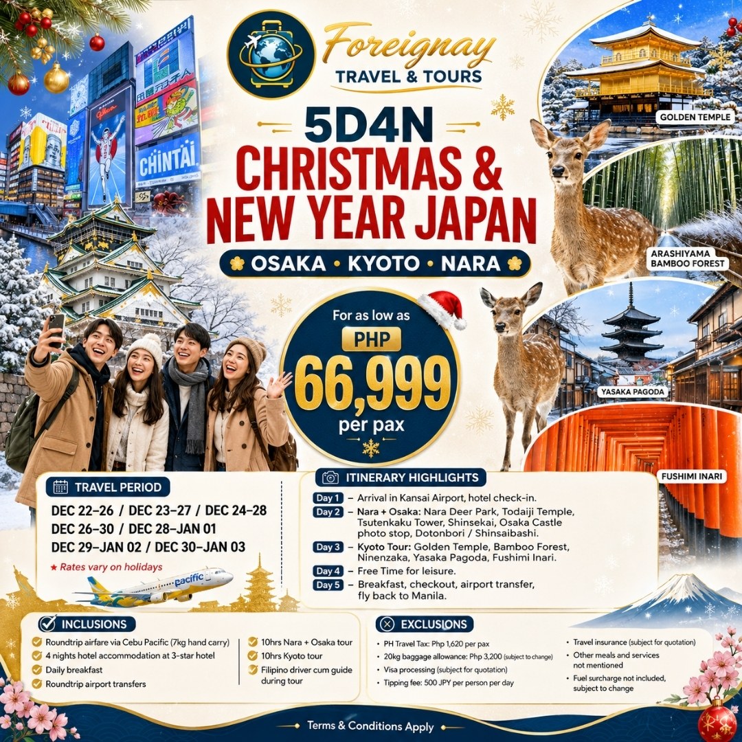 Balboa_46's tweet photo. Spend Christmas and New Year in Japan! 5D4N Osaka, Kyoto &amp; Nara from ₱66, 999/pax. Includes airfare, hotel, breakfast, transfers and tours. Holiday rates may vary. Limited slots—message us today! https://t.co/Jix7woMKFp