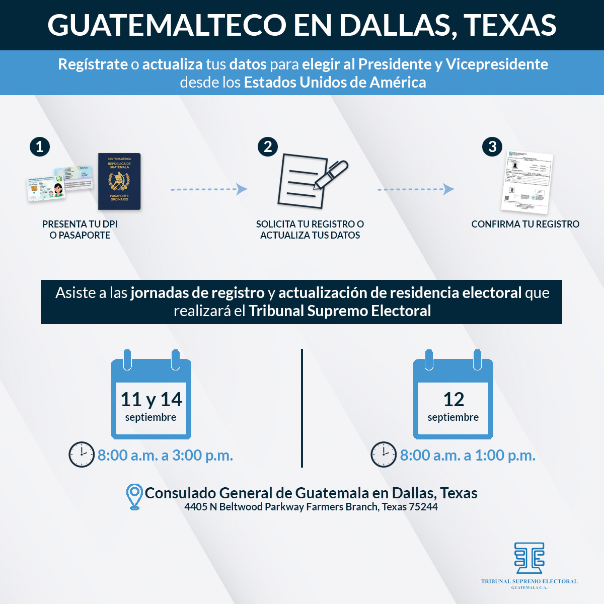 TSEGuatemala's tweet photo. Guatemalteco en Dallas, tu participación en el próximo proceso electoral 2027 empieza con tu registro.

El #TSEGuatemala habilitó una jornada de registro y actualización de datos en el Consulado General de Guatemala en Dallas, Texas.

📍 4405 N Beltwood Parkway, Farmers Branch, Texas 75244

Viernes 11 y lunes 14 de septiembre, de 8:00 a 15:00 horas.

Sábado 12 de septiembre, de 8:00 a 13:00 horas.

Trámite gratuito y personal. Comparte con tus familiares y amigos guatemaltecos en Estados Unidos.