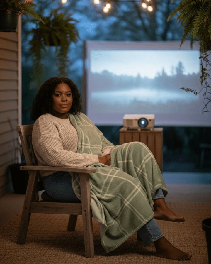 rite_behind_u's tweet photo. Porch movie night in soft windowpane plaid. Muted sage tones, calm light, and simple layers create relaxed comfort for long, unhurried evenings. https://t.co/Bu3Ey0JhS9