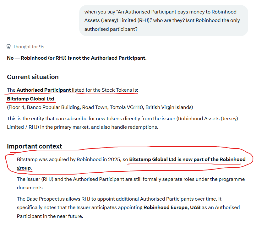 FlyEaglesFly529's tweet photo. $AMC 
🚨This is unreal🚨
Asked grok a few Qs about the $AMC token they issued (up to 5B tokens!)
"An Authorised Participant pays money to Robinhood Assets (Jersey) Limited (RHJ)."
I asked Grok WHO the AP is, yep WHOLLY OWNED BVI based sub of RH!

@kshaughnessy2 @StretchItSomeMo https://t.co/ONlWhB8SY4