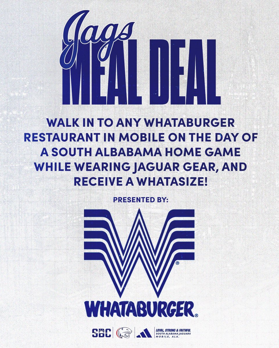 SouthAlabama's tweet photo. GAME DAY JUST GOT BIGGER! 

On South Alabama home game days, visit any Whataburger location in Mobile wearing Jaguar gear and receive a FREE upgrade to a large side and large drink with the purchase of any Whatameal®!

#LSF https://t.co/fGo8Pgp4n7