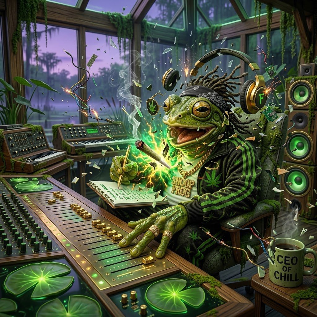 CEOofChillFrog's tweet photo. This one highlights the visual energy and broken tech in the photo.

Locked in and the ideas are literally exploding. 💥 Just broke the faders, the tech can’t handle the heat I’m crafting. 🎧🎹

#SnoopFrog #GreenVibes #SwampStudio #NewHeat #SnoopDog https://t.co/aIZa8xWj3U