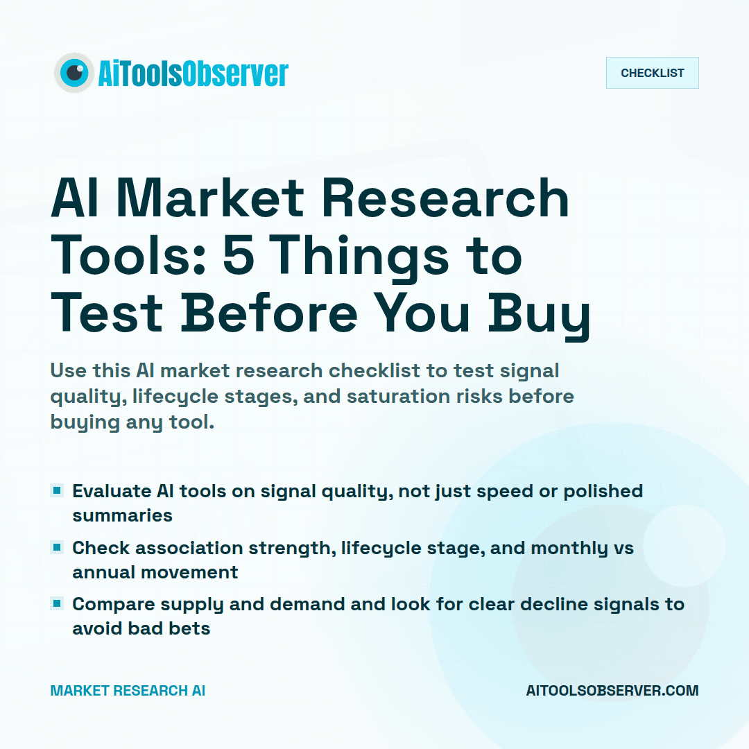 Alecusss's tweet photo. This caught my attention:

 Before you buy another AI market research tool, run these 5 tests. From association strength to decline signals, this checklist helps you separate polished demos from usable signals.

 I left the full context below ↓ https://t.co/QgtryGuosx