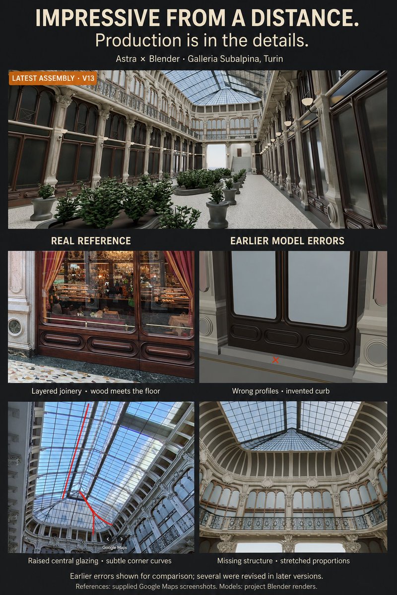 ParallelTCG_AR's tweet photo. I tested @OpenAI  Astra’s 3D modeling skills. Absolutely impressive. And also, if this were a junior artist’s portfolio test, I wouldn’t hire them.

I recreated Turin’s Galleria Subalpina in Blender, aiming for an eventual Unreal Engine experience. Here’s what happened. https://t.co/qEDnEtHES6