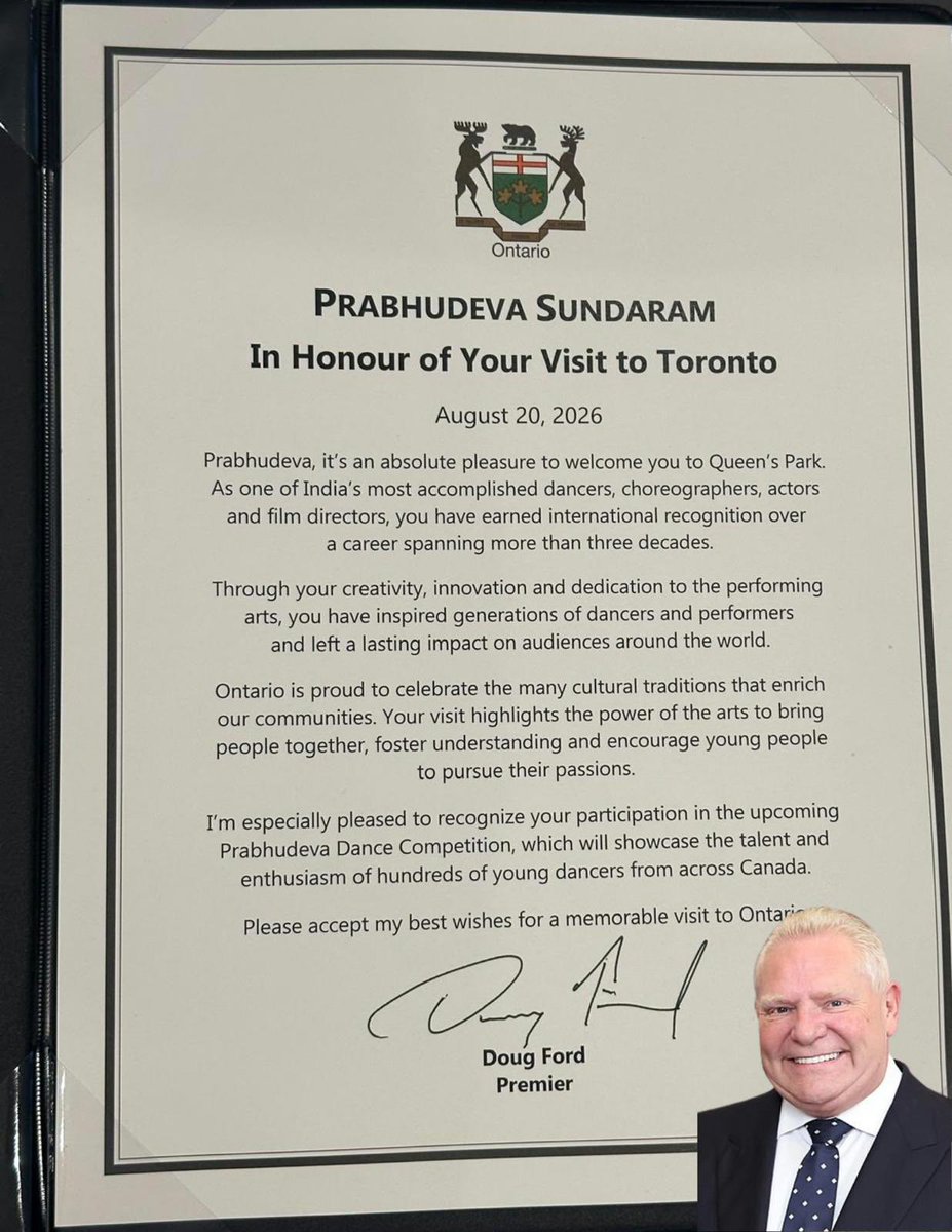 PDdancing's tweet photo. Honored and deeply humbled by the love, warmth, and recognition I received during my visit to Toronto, Canada. ❤️

It was truly special to receive these honors and to experience the love and support from audiences and communities around the world.

My heartfelt gratitude to:

@MarkJCarney — Prime Minister of Canada, for the warm message and greetings he extended to me during my visit to Toronto.

@LoganKanapathi — MPP, Markham–Thornhill, for the recognition I received from the Legislative Assembly of Ontario. It was truly heartwarming to receive such respect and appreciation.

@fordnation — Premier of Ontario, for the warm welcome at Queen’s Park and the gracious recognition extended by the Province of Ontario during my visit.

@oliviachow — Mayor of Toronto, for the honor and recognition extended to me during my visit to this wonderful city.

@NeethanShan — City Councillor, Scarborough–Rouge Park, for recognizing my contribution to South Asian cinema and culture.

@gary_srp (Gary Anandasangaree) — MP for Scarborough—Guildwood—Rouge Park, for the certificate of recognition and the warm honor extended to me during my visit to Toronto.

A very special thank you to #idealdreamsentertainment and @joinmaajja for helping make my Toronto visit so special and for creating such a wonderful platform to celebrate dance, artists, and the cultural connection between India and Canada. 🙏❤️

These honors are deeply meaningful to me, and I accept them with a grateful heart. Above all, I am grateful to the audiences, dancers, artists, colleagues, and everyone who has supported me throughout this journey.

Toronto, thank you for the incredible love, respect, and warmth. The memories I carry home with me will always be special. ❤️🙏

With gratitude and love,
Prabhu Deva