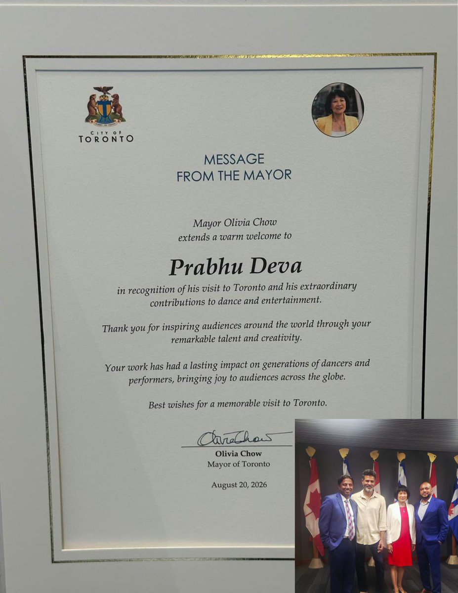 PDdancing's tweet photo. Honored and deeply humbled by the love, warmth, and recognition I received during my visit to Toronto, Canada. ❤️

It was truly special to receive these honors and to experience the love and support from audiences and communities around the world.

My heartfelt gratitude to:

@MarkJCarney — Prime Minister of Canada, for the warm message and greetings he extended to me during my visit to Toronto.

@LoganKanapathi — MPP, Markham–Thornhill, for the recognition I received from the Legislative Assembly of Ontario. It was truly heartwarming to receive such respect and appreciation.

@fordnation — Premier of Ontario, for the warm welcome at Queen’s Park and the gracious recognition extended by the Province of Ontario during my visit.

@oliviachow — Mayor of Toronto, for the honor and recognition extended to me during my visit to this wonderful city.

@NeethanShan — City Councillor, Scarborough–Rouge Park, for recognizing my contribution to South Asian cinema and culture.

@gary_srp (Gary Anandasangaree) — MP for Scarborough—Guildwood—Rouge Park, for the certificate of recognition and the warm honor extended to me during my visit to Toronto.

A very special thank you to #idealdreamsentertainment and @joinmaajja for helping make my Toronto visit so special and for creating such a wonderful platform to celebrate dance, artists, and the cultural connection between India and Canada. 🙏❤️

These honors are deeply meaningful to me, and I accept them with a grateful heart. Above all, I am grateful to the audiences, dancers, artists, colleagues, and everyone who has supported me throughout this journey.

Toronto, thank you for the incredible love, respect, and warmth. The memories I carry home with me will always be special. ❤️🙏

With gratitude and love,
Prabhu Deva