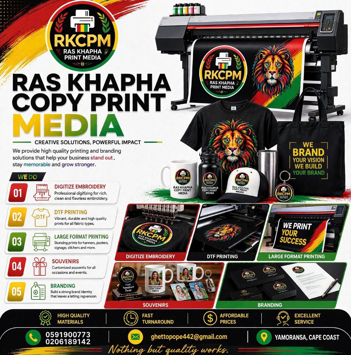 _deyboreByK's tweet photo. Bring your vision to life with Ras Khapha Copy Print Media! 
From DTF printing &amp; embroidery digitization to large-format printing, souvenirs, and professional branding, we deliver quality that makes your brand stand out. 
📍 Yamoransa, Cape Coast
📞 059 190 0773 | 020 618 9142 https://t.co/OBP5eS7SNk