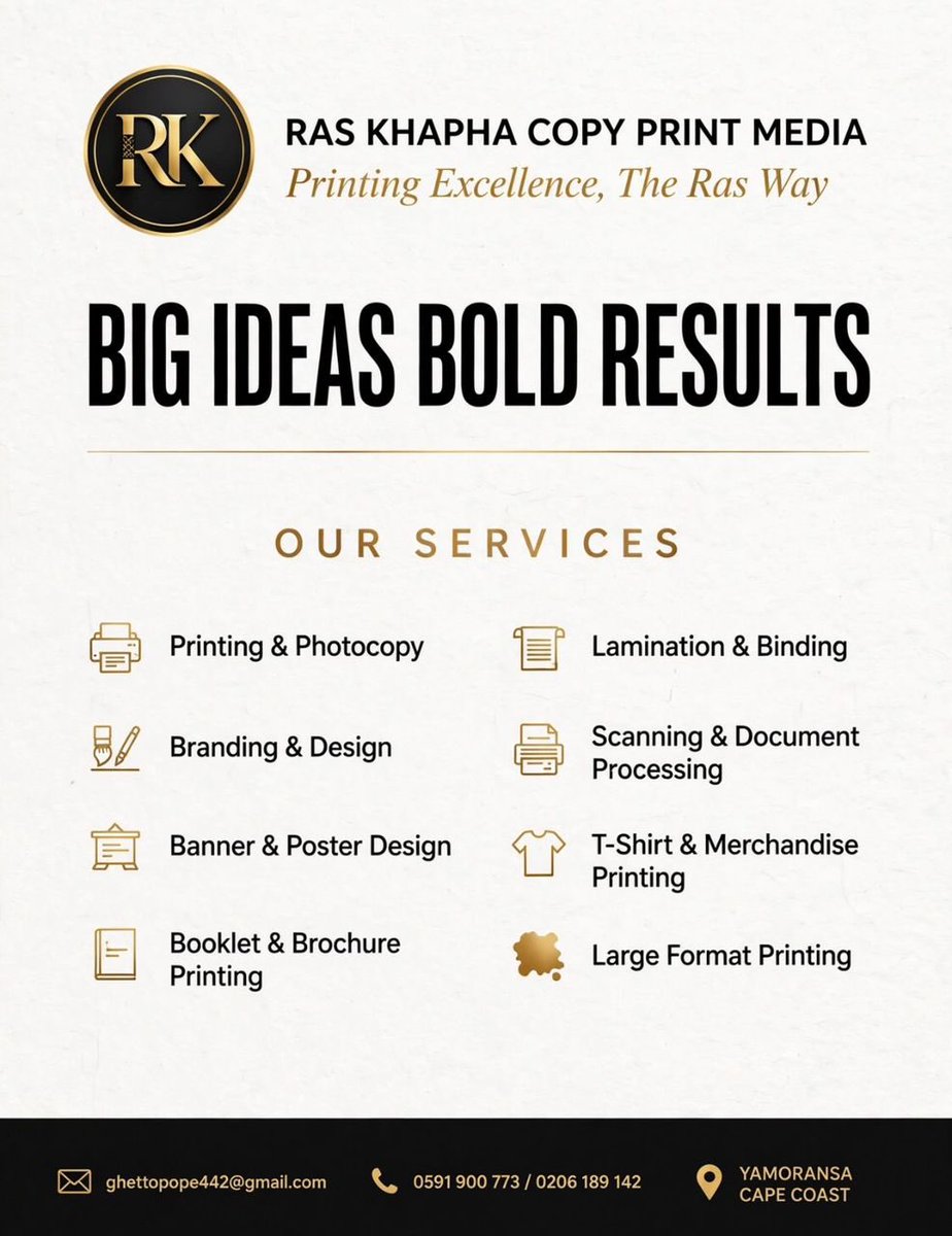 _deyboreByK's tweet photo. Bring your vision to life with Ras Khapha Copy Print Media! 
From DTF printing &amp; embroidery digitization to large-format printing, souvenirs, and professional branding, we deliver quality that makes your brand stand out. 
📍 Yamoransa, Cape Coast
📞 059 190 0773 | 020 618 9142 https://t.co/OBP5eS7SNk
