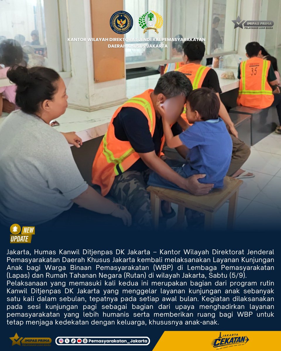 HumasPasDkJkt's tweet photo. Layanan Kunjungan Anak kembali hadir di UPT Pemasyarakatan Jakarta

Sebanyak 202 anak hadir bertemu orang tua atau keluarganya. Bagi mereka, mungkin hanya sebuah kunjungan. Namun bagi seorang anak itu adalah waktu untuk memeluk, bercerita, dan kembali merasakan hangatnya keluarga https://t.co/02Bd780451