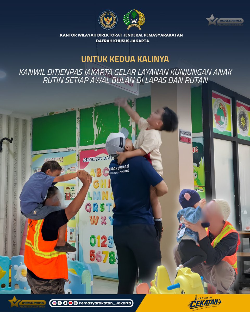 HumasPasDkJkt's tweet photo. Layanan Kunjungan Anak kembali hadir di UPT Pemasyarakatan Jakarta

Sebanyak 202 anak hadir bertemu orang tua atau keluarganya. Bagi mereka, mungkin hanya sebuah kunjungan. Namun bagi seorang anak itu adalah waktu untuk memeluk, bercerita, dan kembali merasakan hangatnya keluarga https://t.co/02Bd780451