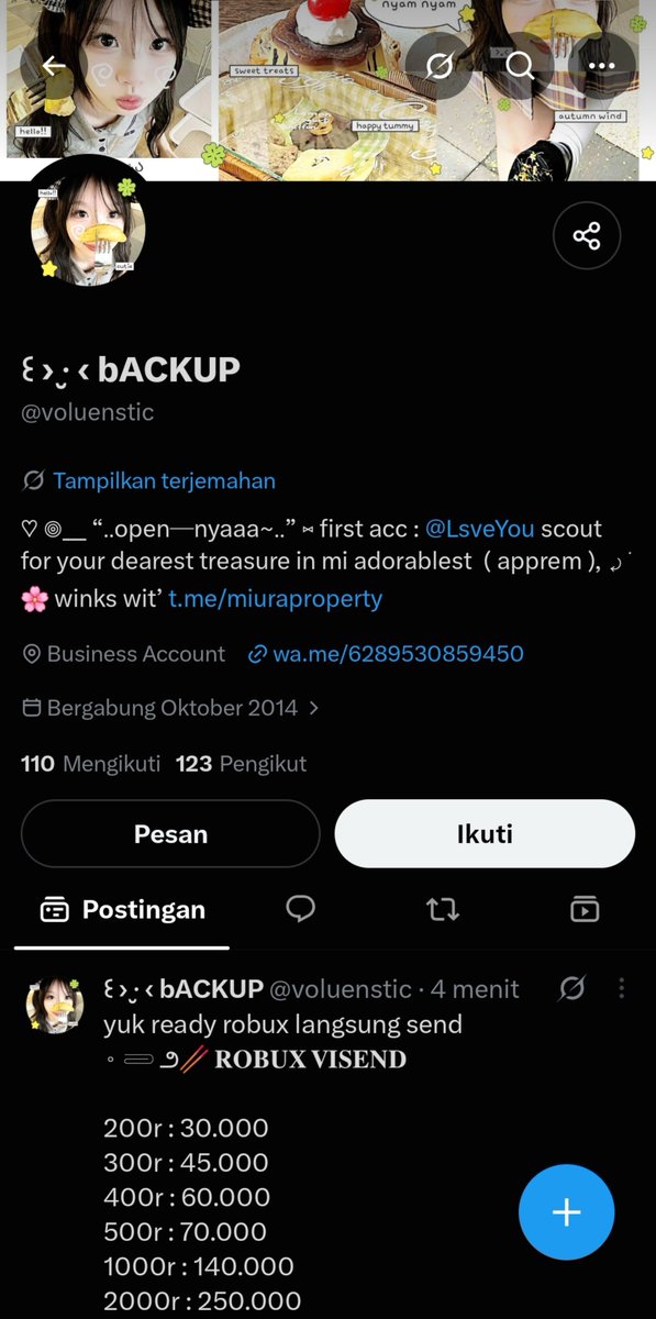 binaf123's tweet photo. ⚠️WARNING⚠️
guys hati-hati ya akun itu penipu, embel-embel jual robux dengan harga murah 
                       @voluenskl

#penipuan #roblox #zonauang #zonajajan https://t.co/zZOudKhiTG