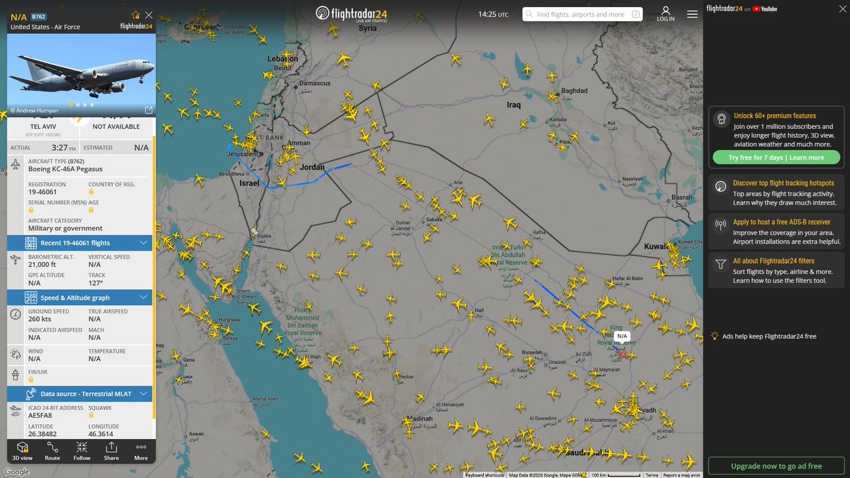 AIYeyENGDdJkjTr's tweet photo. Sept. 6, 2026
#Ben Gurion ==> #Al-Udeid Air Base
#NoCALLSIGN #AE5FA8 USAF KC-46A Pegasus https://t.co/7a0ZvfFPXY
