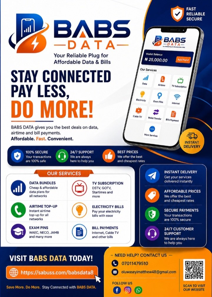 BabatundeM6772's tweet photo. 🚀 BABS DATA — Your Reliable Data Plug! 📱🔥
Get affordable data, airtime, TV subscriptions, electricity &amp; exam pins — fast and stress-free! 💯
💰 Pay Less. Stay Connected. Do More!
👉 Visit us now: https://t.co/eI3zjoYMtT

#BabsData #AffordableData #DataPlug #VTU #Nigeria https://t.co/LuzdKnODCl