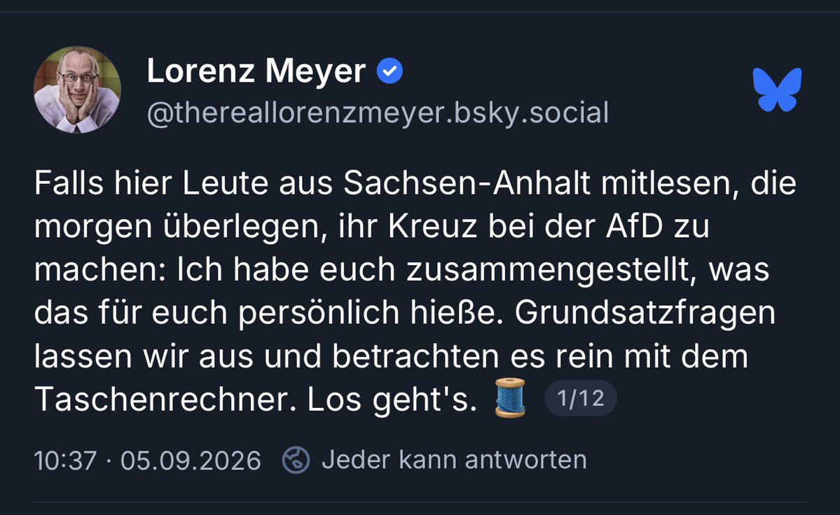 jannibal_'s tweet photo. Ja, Lorenz Meyer, die Menschen aus Sachsen-Anhalt, die überlegen, ihr Kreuz bei der AfD zu setzen, lesen am Samstag den zwölfteiligen Faden des radioeins- und Übermedien-Medienjournalists auf BlueSky. Perfektes Beispiel für den selbstreferenziellen Charakter dieser Bubble. https://t.co/09snSIP3dX