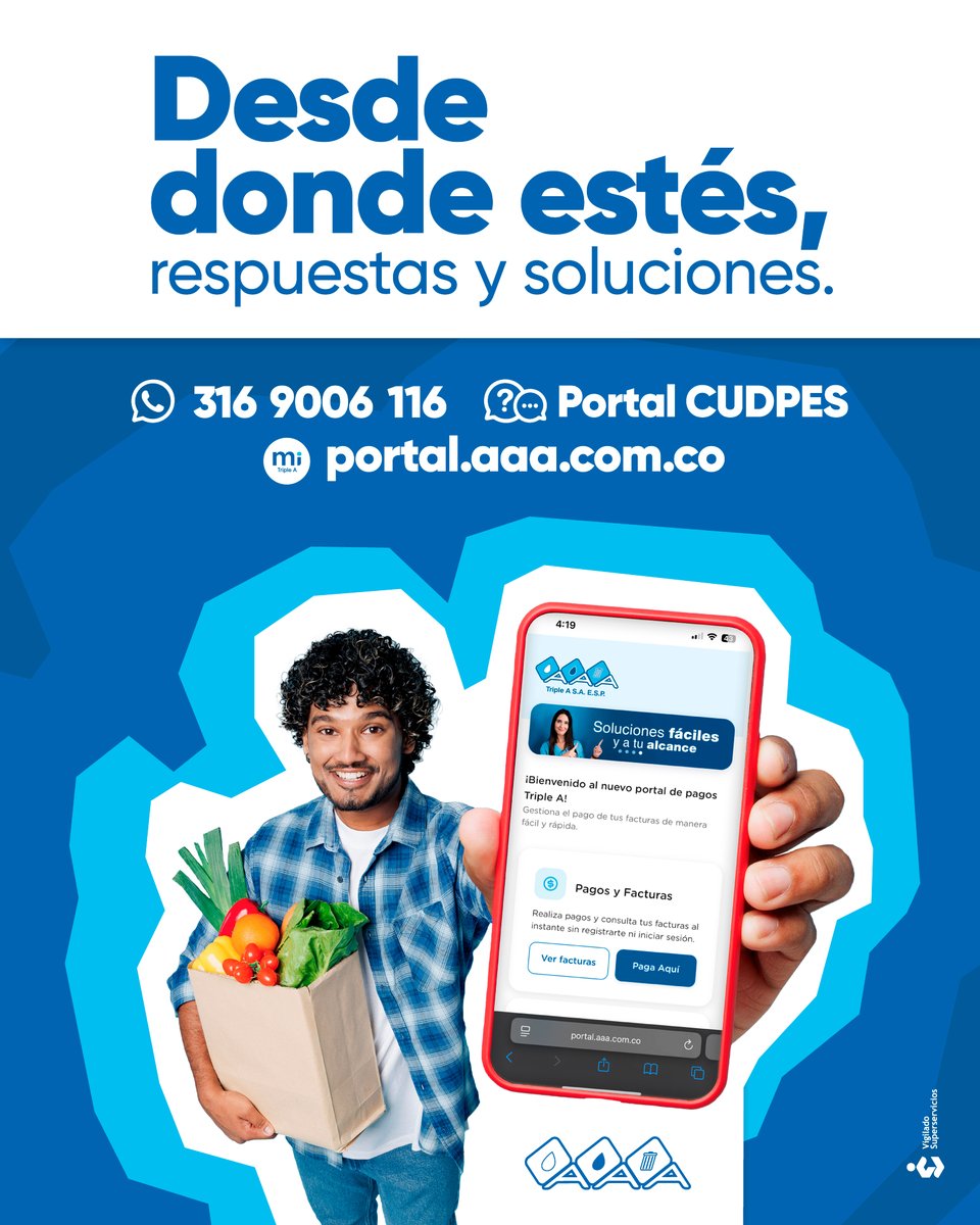 SomosTripleA's tweet photo. Desde donde estés, estamos para ti. 💙📲

¿Necesitas hacer un pago, consultar tu factura, radicar una solicitud o resolver una inquietud? Tú eliges el canal y nosotros te lo hacemos fácil.

📱 PAU, tu asistente virtual
💬 Portal CUDRES
🌐 Mi Portal Digital

Tres opciones, un mismo propósito: darte respuestas y soluciones cuando las necesites.

Porque estar cerca también es hacerte la vida más fácil. 💧♻️

#SomosTripleA #DesdeDondeEstés