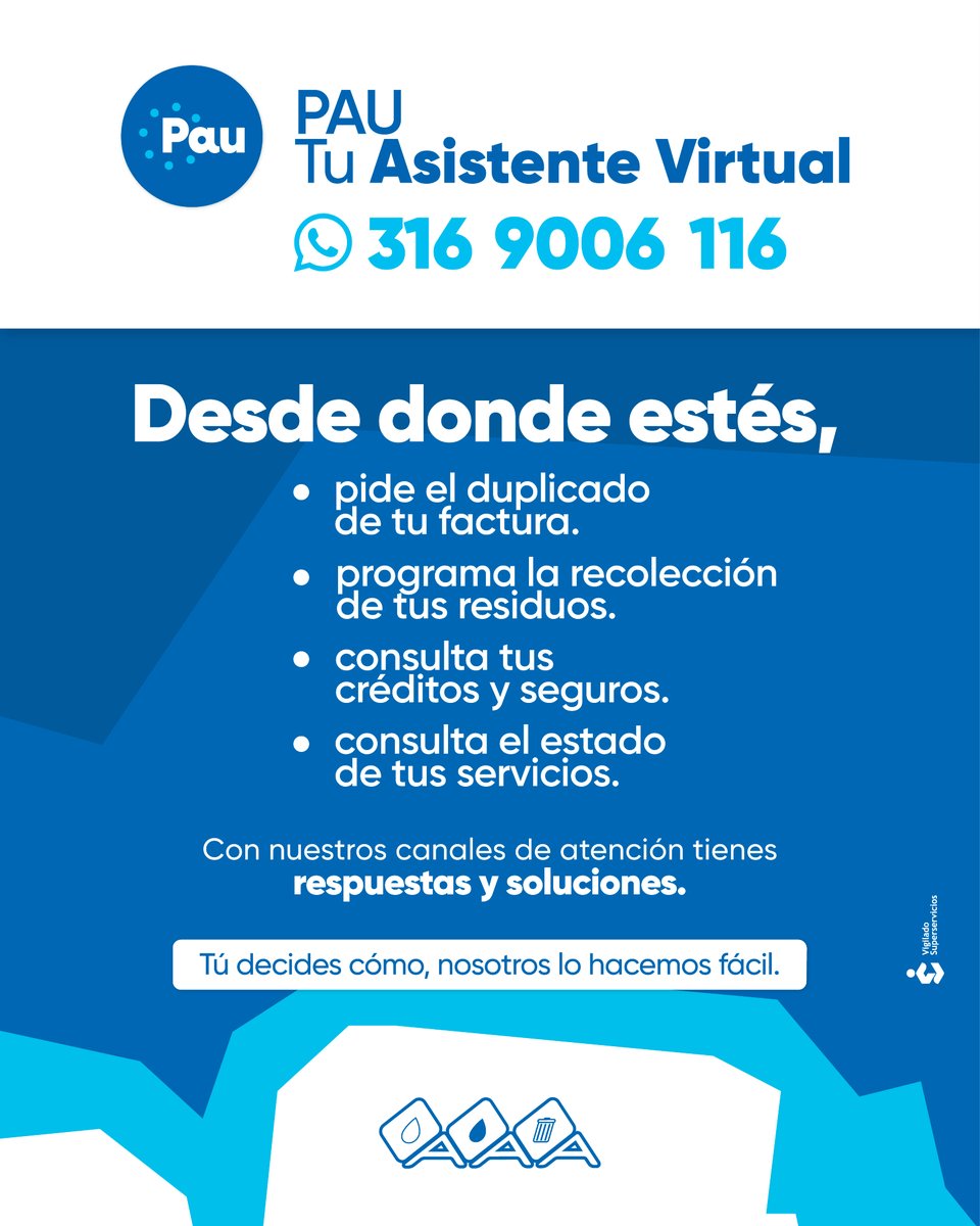 SomosTripleA's tweet photo. Desde donde estés, estamos para ti. 💙📲

¿Necesitas hacer un pago, consultar tu factura, radicar una solicitud o resolver una inquietud? Tú eliges el canal y nosotros te lo hacemos fácil.

📱 PAU, tu asistente virtual
💬 Portal CUDRES
🌐 Mi Portal Digital

Tres opciones, un mismo propósito: darte respuestas y soluciones cuando las necesites.

Porque estar cerca también es hacerte la vida más fácil. 💧♻️

#SomosTripleA #DesdeDondeEstés