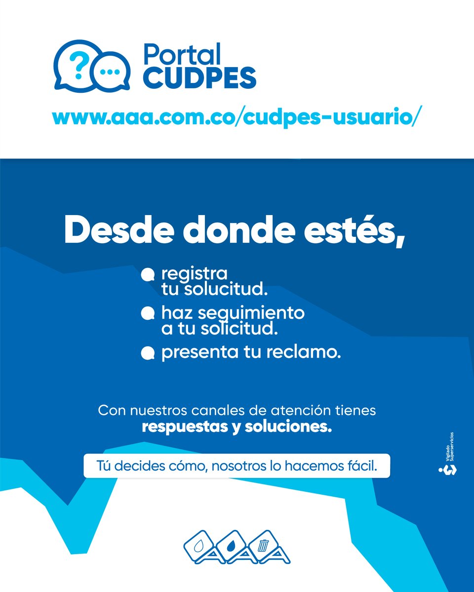 SomosTripleA's tweet photo. Desde donde estés, estamos para ti. 💙📲

¿Necesitas hacer un pago, consultar tu factura, radicar una solicitud o resolver una inquietud? Tú eliges el canal y nosotros te lo hacemos fácil.

📱 PAU, tu asistente virtual
💬 Portal CUDRES
🌐 Mi Portal Digital

Tres opciones, un mismo propósito: darte respuestas y soluciones cuando las necesites.

Porque estar cerca también es hacerte la vida más fácil. 💧♻️

#SomosTripleA #DesdeDondeEstés