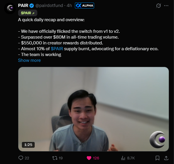 stitchdegen's tweet photo. $PAIR has now reached a new ATH around $14M MC, but price isn’t the most important part here

Yesterday, I said I was watching exactly three things :

protocol volume, multipool adoption, and buybacks/burns

Right now, 2/3 are moving in the right direction

The biggest catalyst is V2, which is now live with buyback & burn, holder dividends, custom fee recipients, CTO, ETH/USDG, and several other improvements

This makes the launchpad more attractive to creators, potentially bringing more launches and volume while strengthening the flywheel I mentioned yesterday :

volume ↑ → fees ↑ → $PAIR buybacks/burns ↑ → supply ↓

The team is now reporting around $80M in aggregate volume, with more than 10% of $PAIR supply sent to the dead address, while the value of the burn continues to rise alongside activity

This is the clearest part of the thesis being validated

But V2 still doesn’t close the structural gap I mentioned yesterday

Buyback/burn and dividends mainly apply to tokens launched on PAIR. Meanwhile, protocol revenue => $PAIR buybacks still depends on team policy/execution rather than an immutable on-chain rule

Better execution ≠ guaranteed value accrual

And the missing piece is still multipool PMF

“Memecoin × tokenized stock” isn’t the moat. PAIR’s real differentiation is allowing liquidity to be distributed across multiple stocks/ETFs, almost like an ETF-style memecoin

But activity is still heavily concentrated around hot tickers like AMC/CINEMA. If future runners remain mostly single-stock pairs, the moat stays thin

I want to see major runners actually using 3–5 pools, with basket liquidity becoming a meaningful share of volume. That’s when multipool starts proving real PMF

As for price, yesterday around ~$8M I said the first zone I wanted was $6–6.5M, as long as protocol activity remained healthy

The market gave us exactly that zone before $PAIR reversed and pushed to a ~$14M ATH

What matters isn’t simply that the entry got filled. It’s that price went down while fundamentals remained intact/improved, followed by V2, stronger volume, and burns validating the thesis

Current scorecard : 

> Protocol volume: PASS
> Buybacks/burns: PASS
> Multipool PMF: NOT YET

At ~$14M, the market has already priced in part of V2 

From here, I’m watching three things :

> Volume holds after AMC/CINEMA cools off.
> At ~$14M, the market has already priced in part of V2ally gets adopted.
> $PAIR buybacks become more transparent/automated/on-chain

If all three imprve, $PAIR still has room for another re-rate

If volume disappears and multipool fails to find PMF, V2 may simply make PAIR a better launchpad without creating a durable moat for the token itself

For now, the thesis is stronger than yesterday and 2/3 of what I’m watching is being validated

Volume and burns are here. Now I want to see the moat

0x6b1d42927B1a84eC28Fa88d4fC6FA7AF404966be