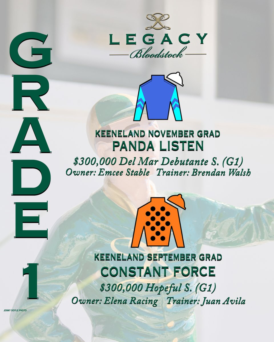 legacybloodstoc's tweet photo. We have 2 Sales grads going for 2-Year-Old Grade 1 gold this weekend!
🟨 PANDA LISTEN in today's Del Mar Debutante (G1)
🟩 CONSTANT FORCE in Sunday's G1 Hopeful S. (G1)
🍀 🍀
#LegacyBuilders 🏇🏆 
🛶 #CoastToCoast 🌊 https://t.co/kBMYJk3uek