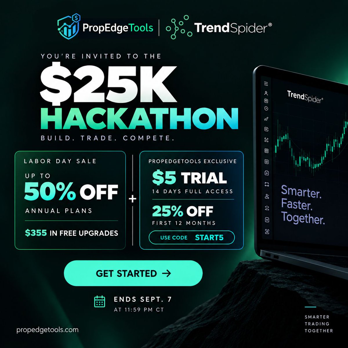 propedgetools's tweet photo. Ad | 🚀 The $25K Hackathon is here! Build, trade &amp; compete!

🔥 Up to 50% OFF + $355 in free upgrades
⚡ $5 trial + 25% OFF for 12 months with code START5

Ends Sept. 7 ⏳

👉 https://t.co/6hmECPsaBP 

#Trading #Hackathon #TrendSpider #PropEdgeTools #LaborDaySale https://t.co/WnqczxLhHo