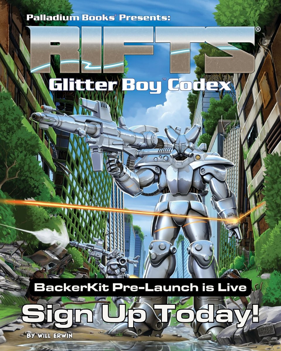 PalladiumBooks's tweet photo. THE GLITTER BOY CODEX PRE-LAUNCH IS LIVE! 

The Rifts® Glitter Boy Codex — 128-page sourcebook dedicated entirely to the legendary Glitter Boy

Join the BackerKit Preview Page now and be the first to know when the campaign launches!

👉 https://t.co/WvAKic1XLt https://t.co/I0qicxB1x6