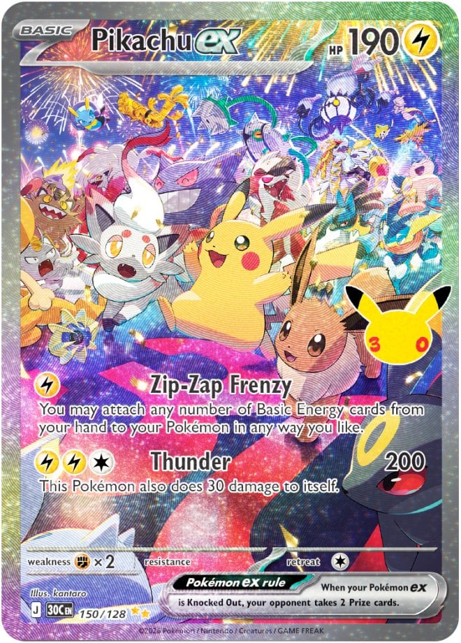 ManaSpawnx's tweet photo. 30th Celebration Sep 16 worldwide: Day/Night Pikachu ex SIRs (#149/#150, kantaro) = pack chase — not the guaranteed 1-of-30 Pikachu rares every pack.

FUR Mewtwo/Mew (YOSHIROTTEN) = top tier. No EN singles comps yet.
#PokemonTCG #Pokemon30th https://t.co/AQPHvriyKy
