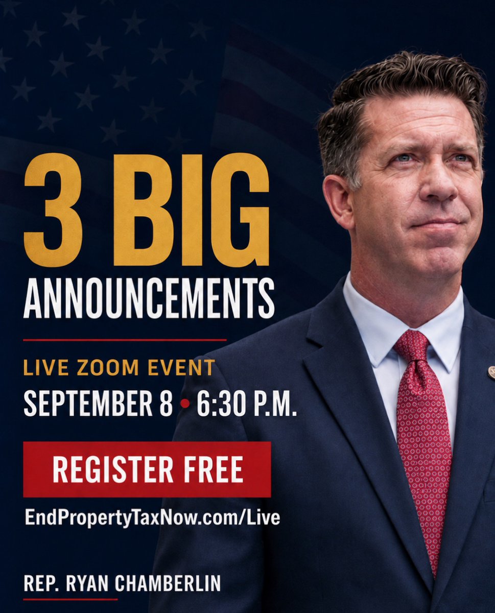 RepRyanC's tweet photo. The future of your property tax bill is being discussed right now..

And I’m sharing 3 major updates on how we plan to eliminate the entire system without cutting police, fire, schools, or other essential services.

We have a plan. Come be a part of it Florida.

Tuesday, Sept. 8 at 6:30 PM.

👉 Join the LIVE through the link 👇

https://t.co/dsr0O6lNxn