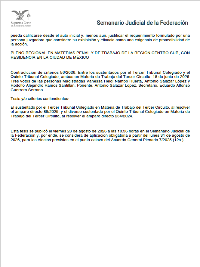 ERoqueH's tweet photo. El acceso a la jurisdicción se desnaturaliza cuando el juzgador agrega condiciones que el legislador no estableció.
La valoración probatoria no puede convertirse en una puerta de entrada al proceso.

1. IDENTIFICACIÓN TÉCNICA. Órgano emisor: Pleno Regional en Materias Penal y de Trabajo de la Región Centro-Sur | Época: Duodécima | Materia: Laboral | Registro: 2032551 | Tesis: PR.P.T.CS. J/19 L (12a.) | Fuerza obligatoria: Jurisprudencia por contradicción; obligatoria desde el 31 de agosto de 2026.

2. SÍNTESIS NORMATIVA. El problema consistió en determinar si el artículo 899-C, fracción VIII, de la LFT permite al tribunal exigir, desde la demanda, las pruebas que considere idóneas o eficaces para acreditar la pretensión.
La respuesta es negativa. La ratio decidendi distingue entre ofrecer prueba y demostrar la acción: la norma permite a la parte actora aportar los medios que estime pertinentes, pero no atribuye al juzgador potestad para crear requisitos probatorios de procedibilidad no previstos en la ley. La suficiencia y eficacia de la prueba corresponden al examen del fondo.

3. CRÍTICA JURÍDICA CENTRAL. El criterio reafirma un límite institucional relevante: la potestad jurisdiccional de interpretar y valorar prueba no equivale a una facultad normativa para diseñar condiciones de acceso al proceso.
La decisión resulta congruente con la tutela judicial efectiva, la legalidad procesal y la proscripción de formalismos carentes de fundamento normativo.

4. DEBILIDADES ARGUMENTATIVAS. La formulación exige una lectura cuidadosa. No significa que los tribunales carezcan de facultades para prevenir defectos legalmente subsanables, exigir requisitos previstos expresamente en la ley o ejercer potestades probatorias con fundamento normativo.
El riesgo está en confundir “no crear requisitos de procedibilidad” con “no poder requerir prueba”.

5. CONTRADICCIONES SISTEMÁTICAS. No se advierte, en su alcance correcto, tensión con la Constitución ni con los artículos 8.1 y 25 de la Convención Americana. La fricción surgiría si el criterio fuera utilizado para restringir facultades instructoras que sí tengan base legal.

6. RIESGOS E IMPLICACIONES. Autoridades: deberán separar admisión, actividad probatoria y resolución de fondo.
Litigantes: el criterio no elimina cargas probatorias.
Justiciables: disminuyen barreras procesales creadas judicialmente.
Sistema: fortalece previsibilidad, legalidad y seguridad jurídica.
Existe además una distinción importante respecto de la tesis PR.P.T.CS. J/20 L (12a.): la J/19 formula la regla general; la J/20 la aplica específicamente a personas trabajadoras extranjeras y a la exigencia de acreditar su salida definitiva de México.

7. REFLEXIÓN FINAL
La jurisprudencia toca un problema más amplio que el laboral: el juez puede interpretar los requisitos legales, pero no completar su catálogo mediante condiciones que determinen quién merece siquiera acceder al proceso. Ahí termina la interpretación y comienza una función normativa que no le corresponde.

#JurisprudenciaLaboral #TutelaJudicialEfectiva #LegalidadProcesal #CargaProbatoria #TeoríaDelPrecedente