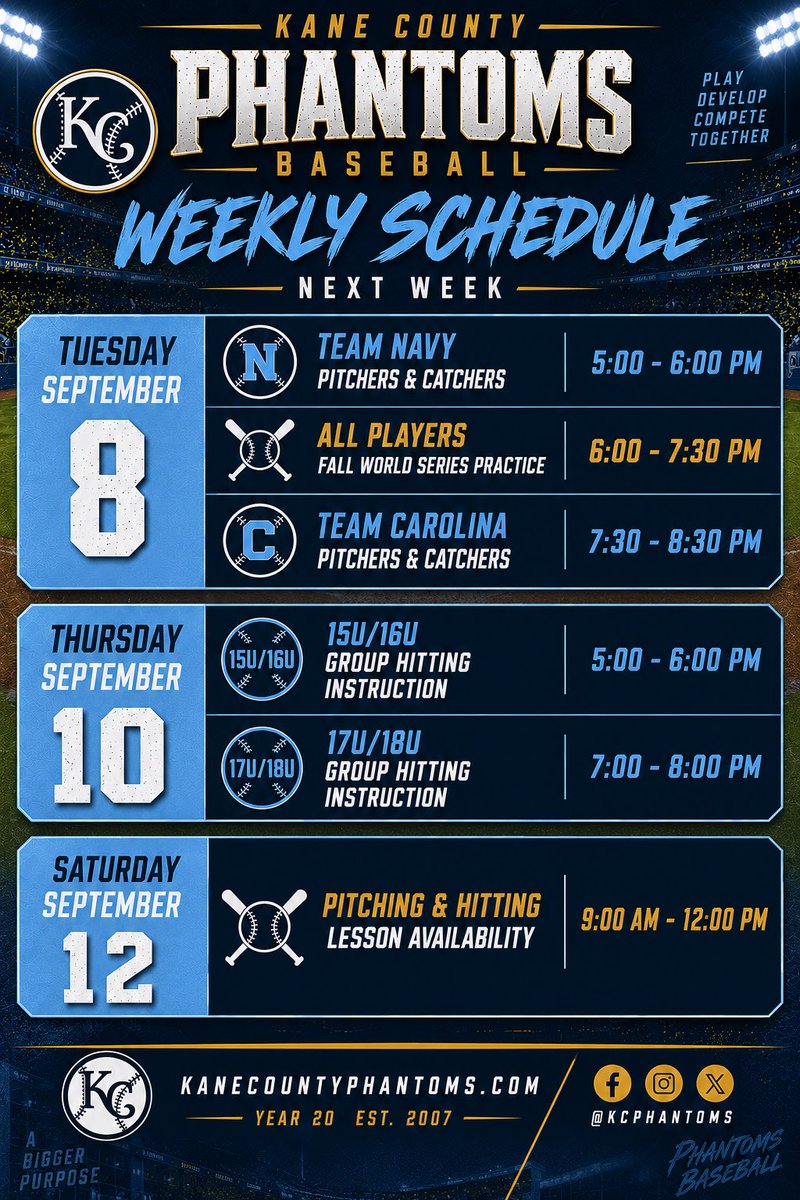 KCPhantoms's tweet photo. Week 2 of Fall Ball starts up after Labor Day!

Contact Coach Colombe or Coach Murphy for any Pitching and Hitting Lessons next Saturday! Some slots still available https://t.co/Hx5Rivq1ag