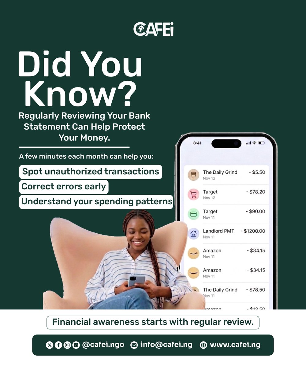 CAFEiNGO's tweet photo. Be honest... when last did you actually open your bank statement? 👀 

Those few minutes can save you from weird charges, mistakes, and "where did my money go" moments. 

Financial awareness starts with regular review. 

#MoneyTips #BeyzaHuri #FCKFCN https://t.co/60b0EGoaJM